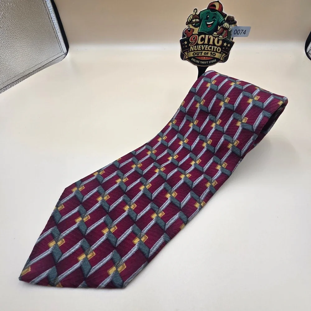 Harold Powell Mens Silk Tie Burgundy Grey Gold Geometric Abstract Made In Italy